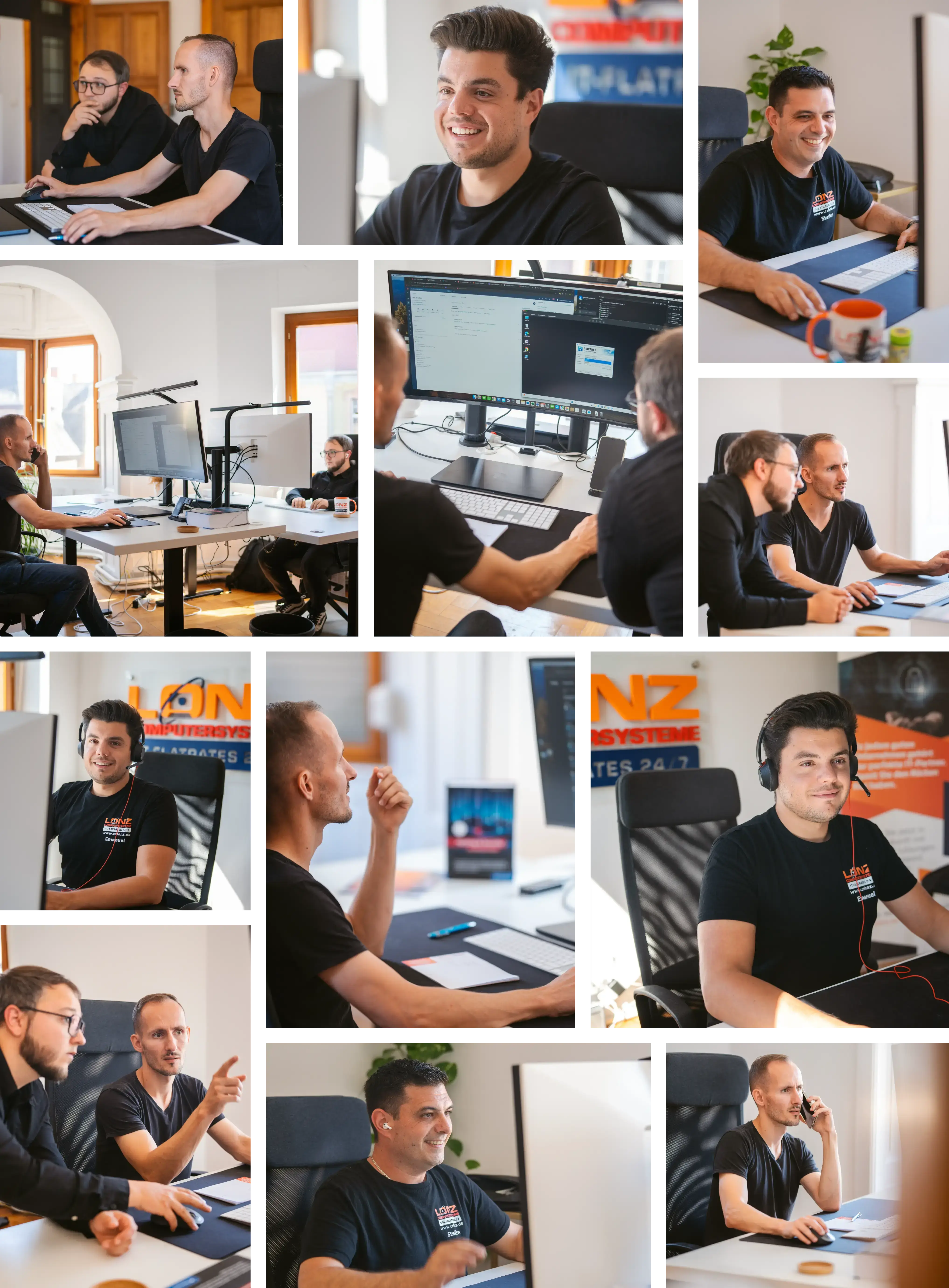 Eine Fotocollage mit verschiedenen Mitarbeitern von ComputerSysteme Lonz bei der Arbeit. Die Bilder zeigen die Mitarbeiter in Teams, in Besprechungen und konzentriert an ihren Computer-Arbeitsplätzen in einer modernen Büroumgebung.