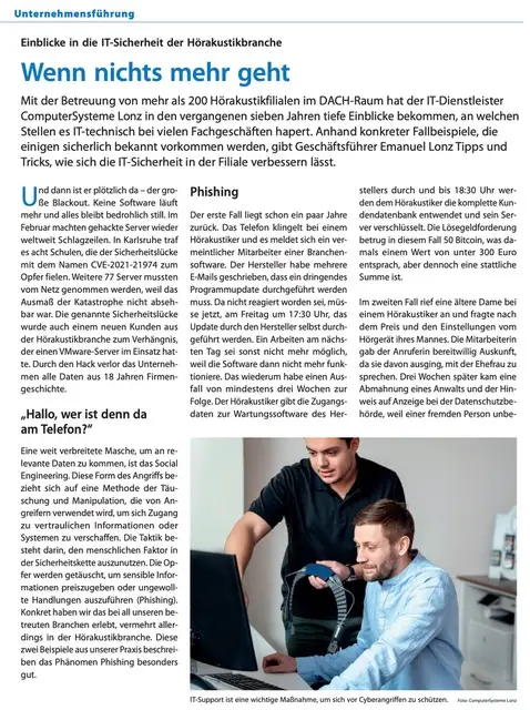 Seite eins eines Fachartikels von ComputerSysteme Lonz mit der Überschrift 'Wenn nichts mehr geht'. Der Artikel thematisiert die IT-Sicherheit in der Hörakustikbranche.