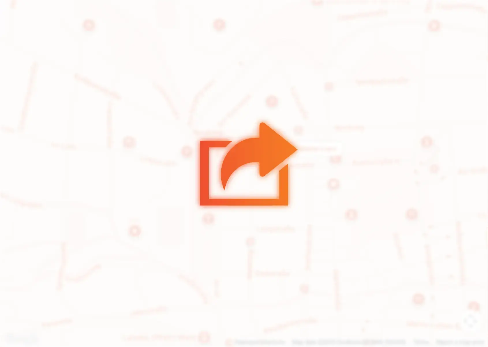 Stark weichgezeichnete Karte mit einem zentral platzierten, leuchtend orangenen Pfeil-Icon, das eine Weiterleitung oder Routenplanung symbolisiert.